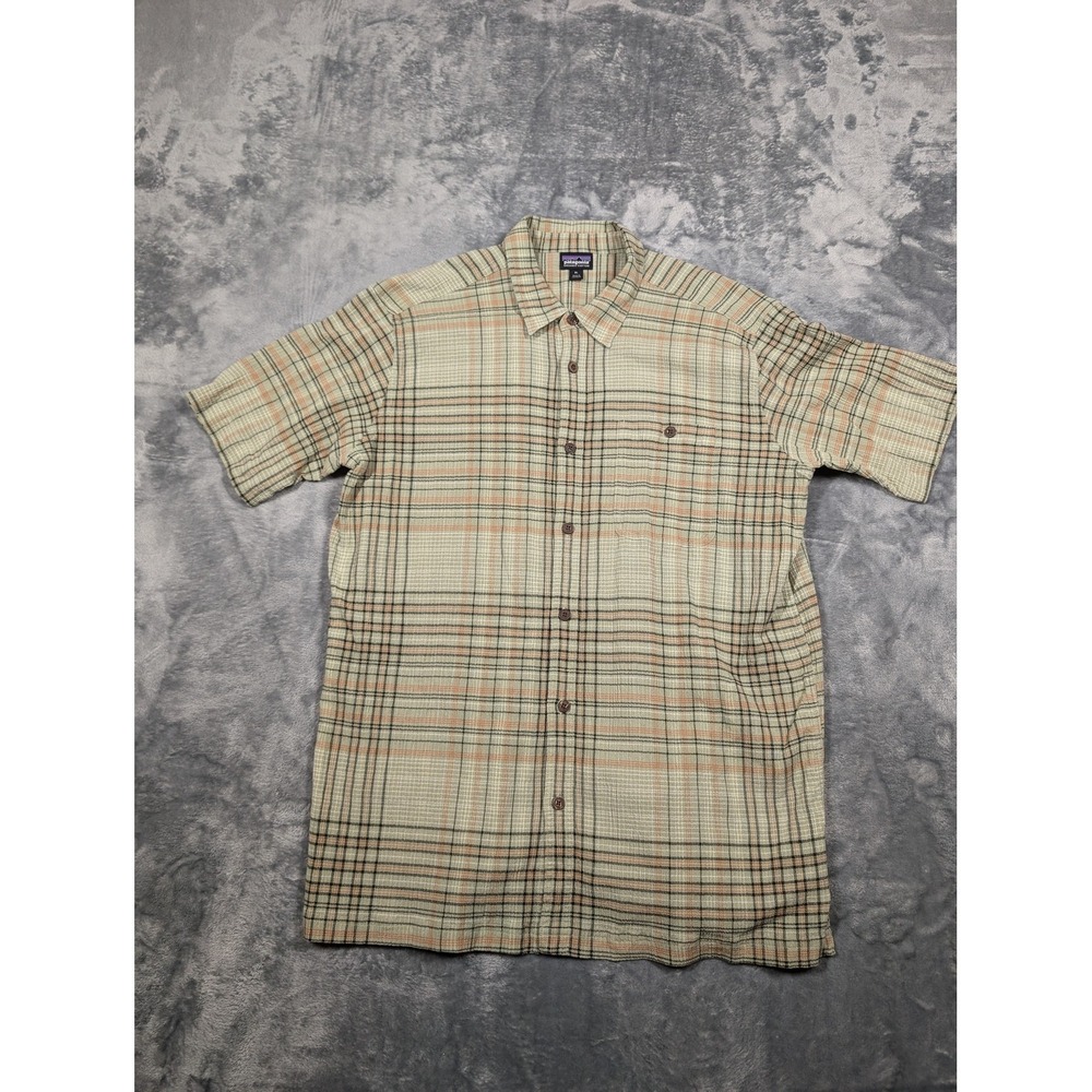 Patagonia Seer Sucker Shirt Mens XL Green Orange Short Sleeve Button Up